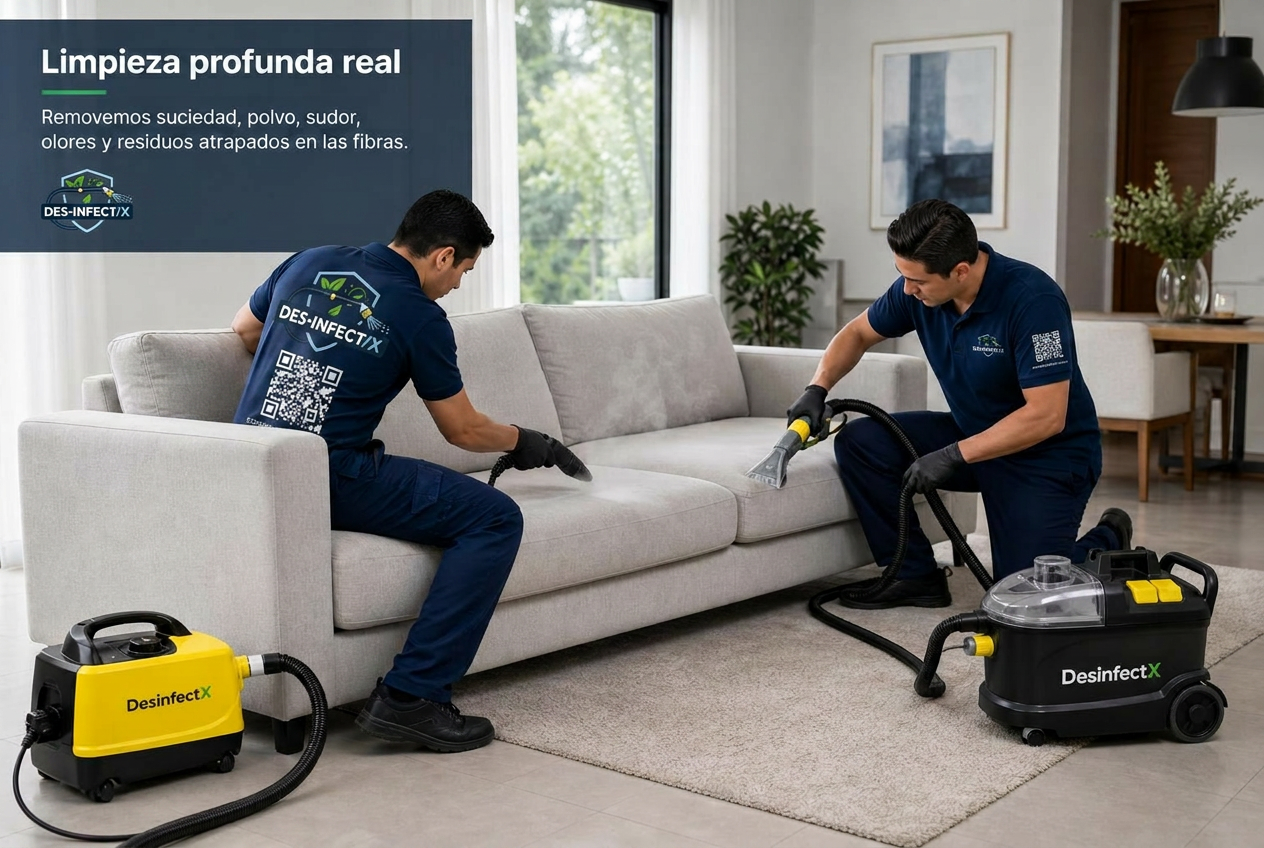 Dos técnicos DesinfectX limpiando un sofá con máquina de vapor e inyección-extracción